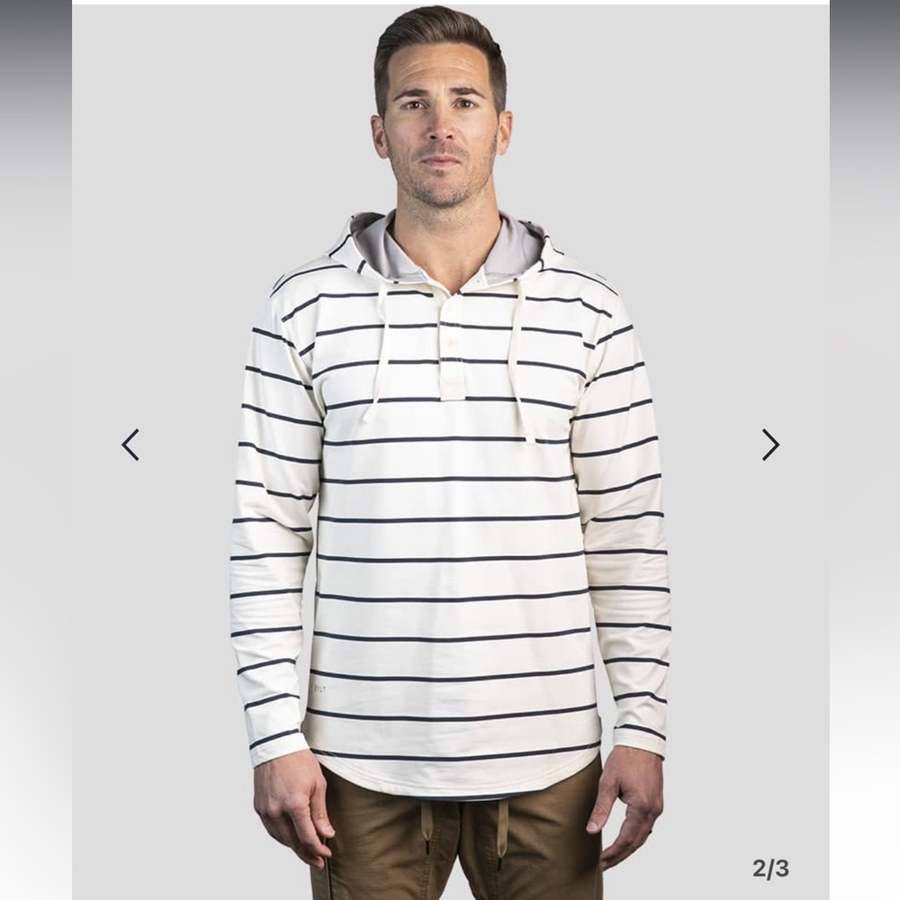 Brand new with tags! Bylt Premum Basics. Bone Navy Color Striped Hooded Henley!